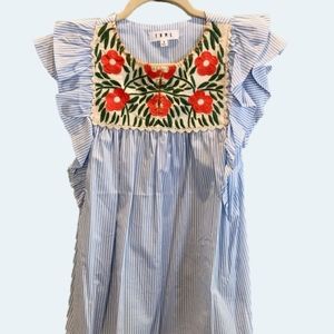 THML Embroidered Blue Stripe Ruffle Sleeveless Top